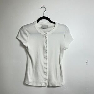 Reformation Button Front Ribbed Cardigan Women sz L White Excellent Short Sleeve